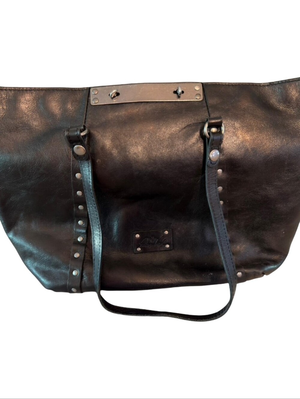 Patricia Nash Black Leather Studded Tote Bag Silver Hardware Metal Bar Detail - Picture 12 of 14